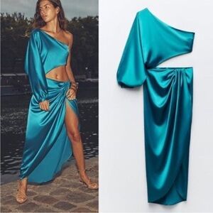 ZARA WOMAN NWT TURQUOISE SATIN EFFECT ASYMMETRIC DRESS